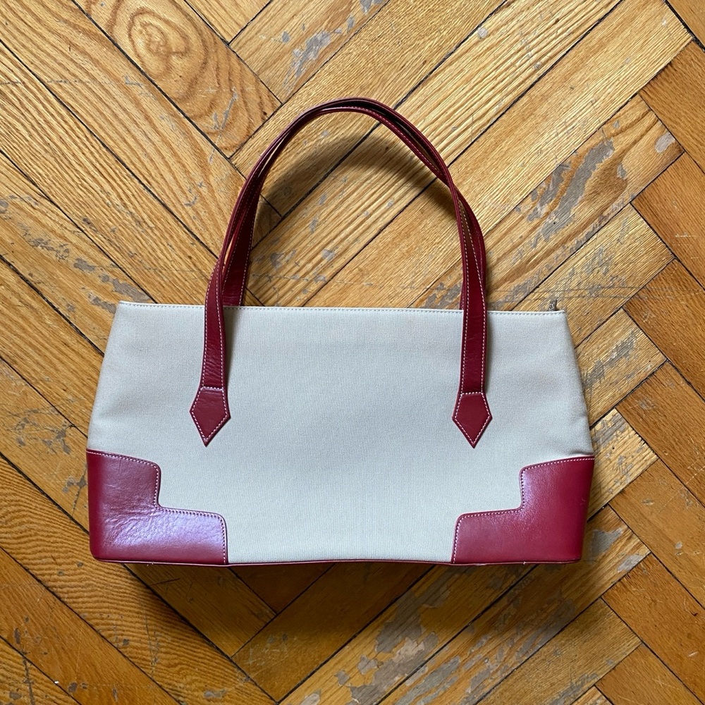 BCBG Max Azria Tan Canvas Red Leather Vintage Shoulder Bag